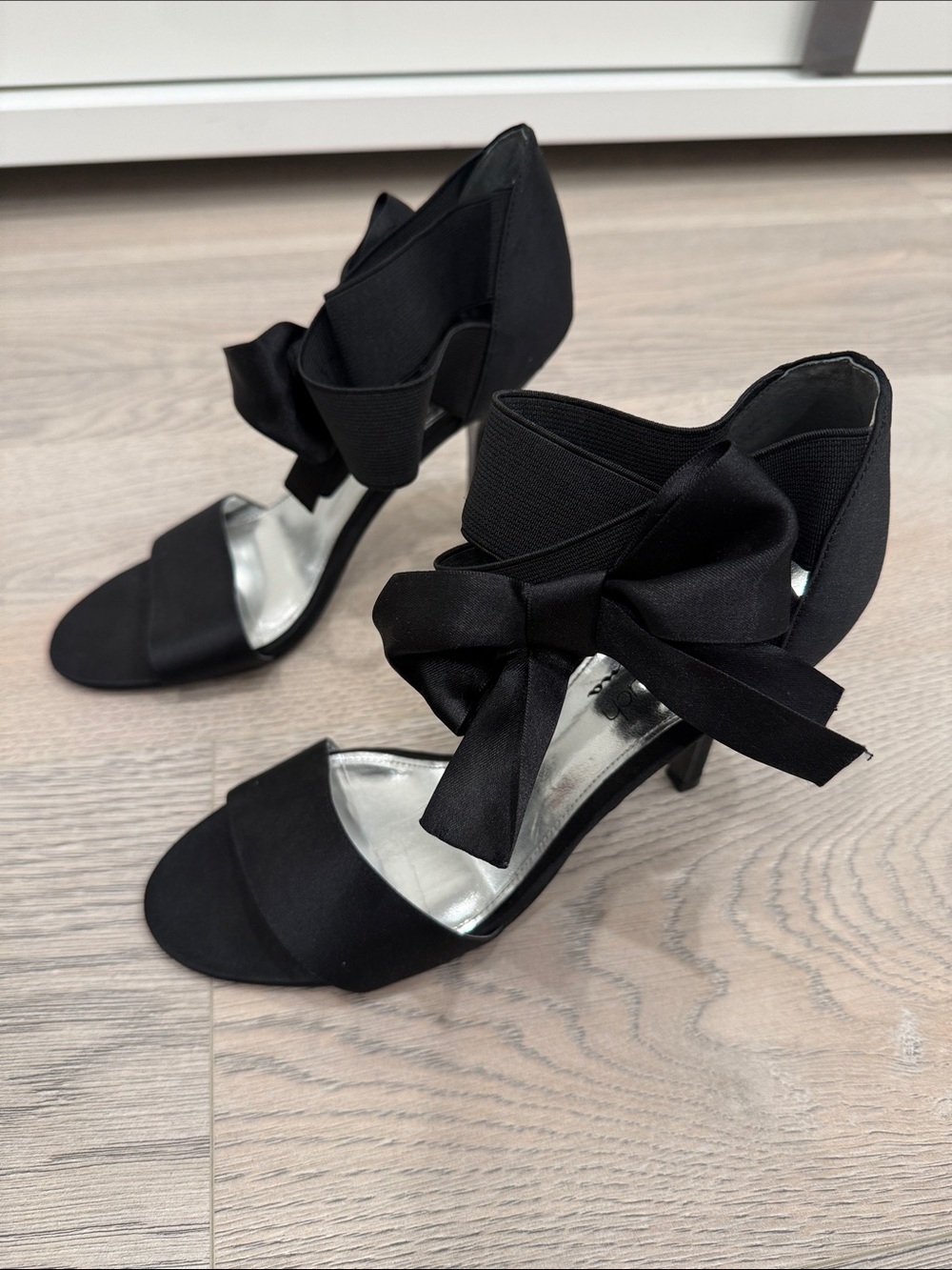 Touch of Nina Black Satin Bow Ankle-Strap Heels